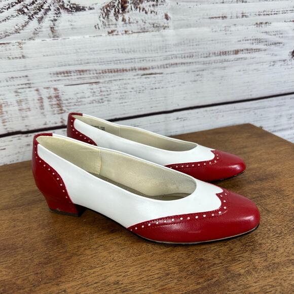Womens VTG Soft Style Hushpuppies Red White Spectator Block Kitten Heel Pumps 7M - Picture 1 of 11
